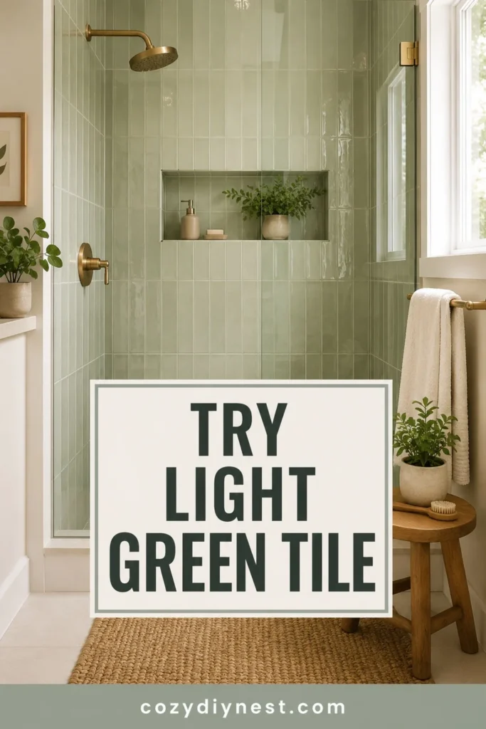 green bathroom ideas with light green shower tile and brass fixtures