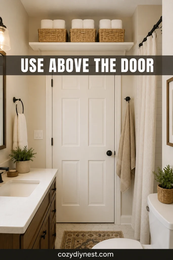 tiny bathroom storage ideas using shelf above bathroom door