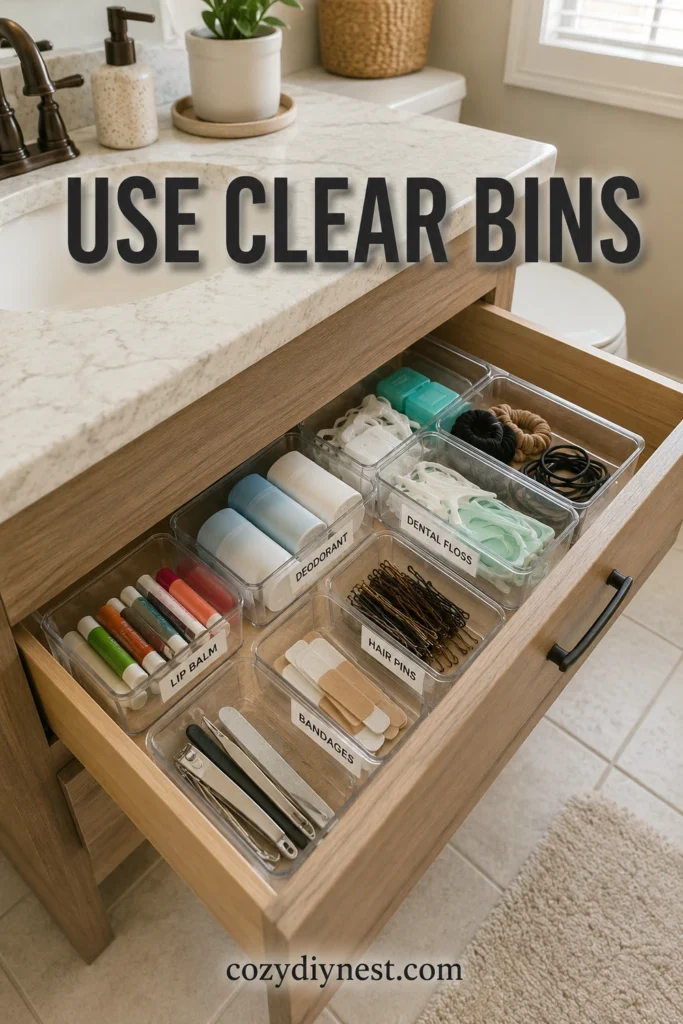 bathroom drawer organization with clear bins for daily essentials