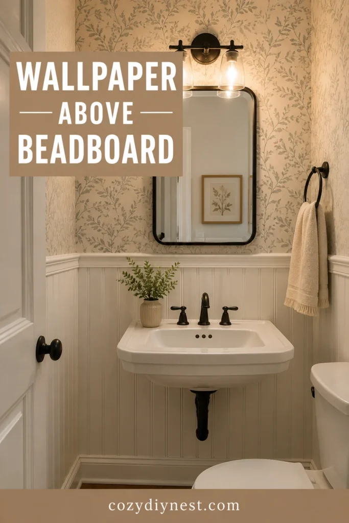 Bathroom Wallpaper Ideas: 18 Stunning Ways to Add Pattern to a Small Bathroom 3 bathroom wallpaper ideas with wallpaper above white beadboard in a small bathroom