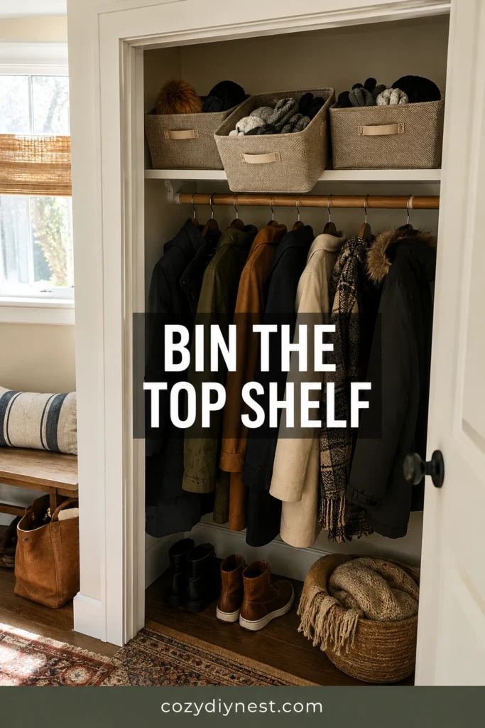 coat closet organization ideas using bins on the top shelf for hats gloves scarves and seasonal accessories