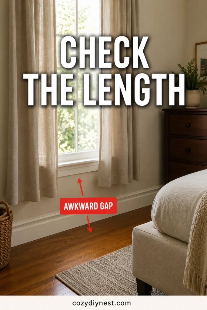 curtain hanging mistakes showing curtains that stop above the floor and make the room look unfinished