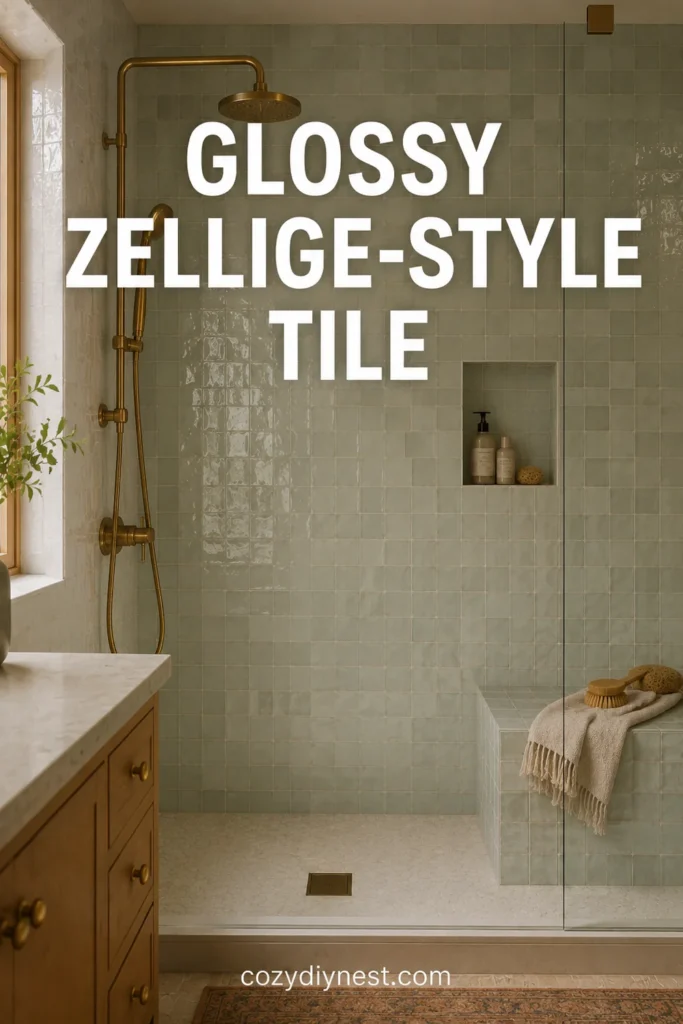 bathroom tile ideas with glossy zellige style shower tile
