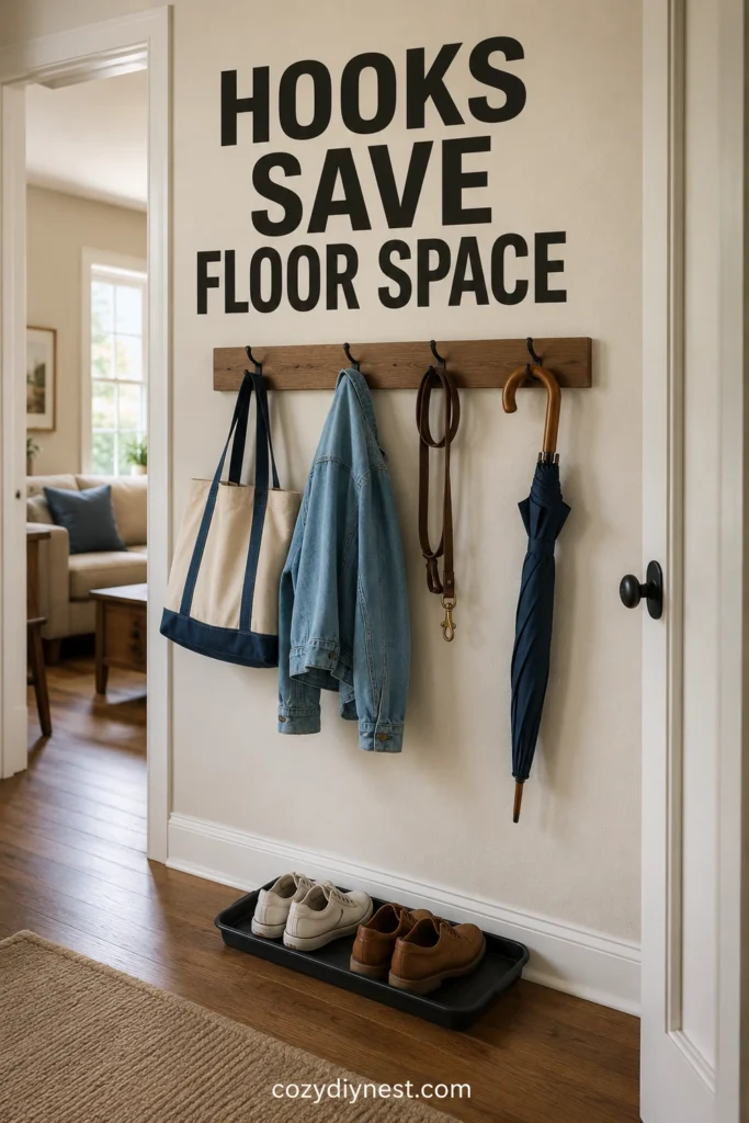 small hallway storage ideas using wall hooks and peg rail for bags leash jacket and umbrella