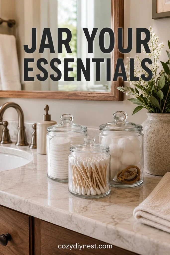 bathroom counter organization with glass jars for cotton rounds and swabs
