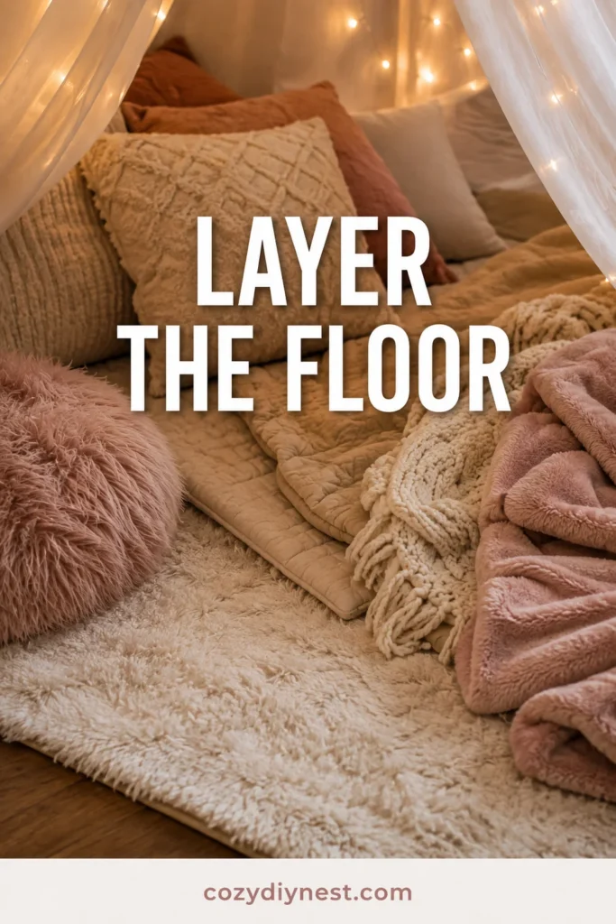 valentine fort ideas using a plush rug and layered blankets to create a soft floor base