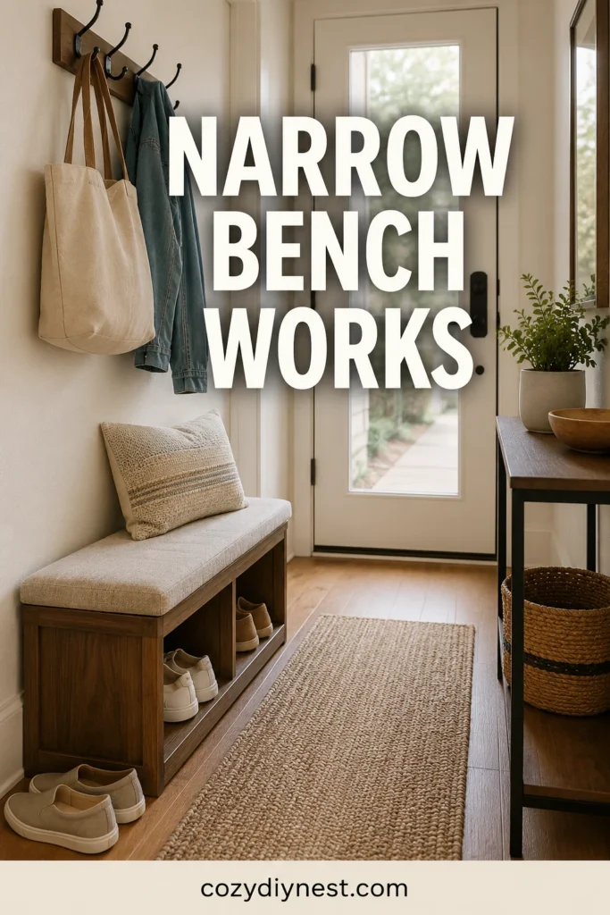 entryway shoe storage ideas using a narrow shoe bench that keeps the walkway open