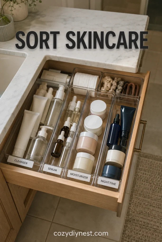 skincare bathroom drawer organization with clear zones