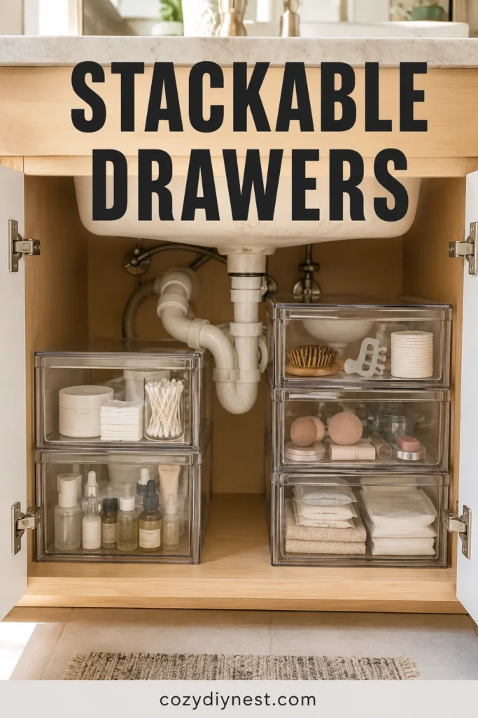 bathroom organization under sink drawers with clear stackable storage around plumbing