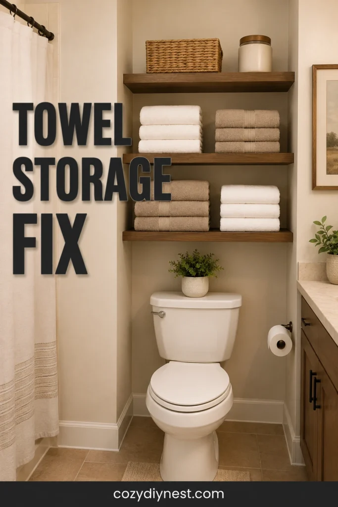 shelves above toilet with folded towels for bathroom towel storage