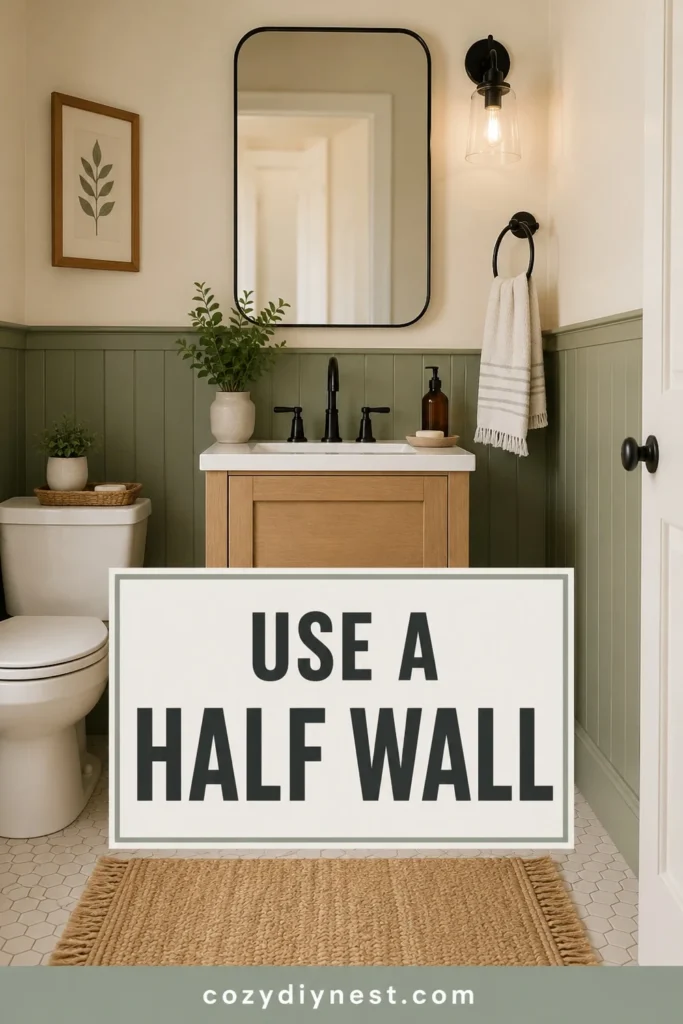 green bathroom ideas with green half wall tile in a small bathroom