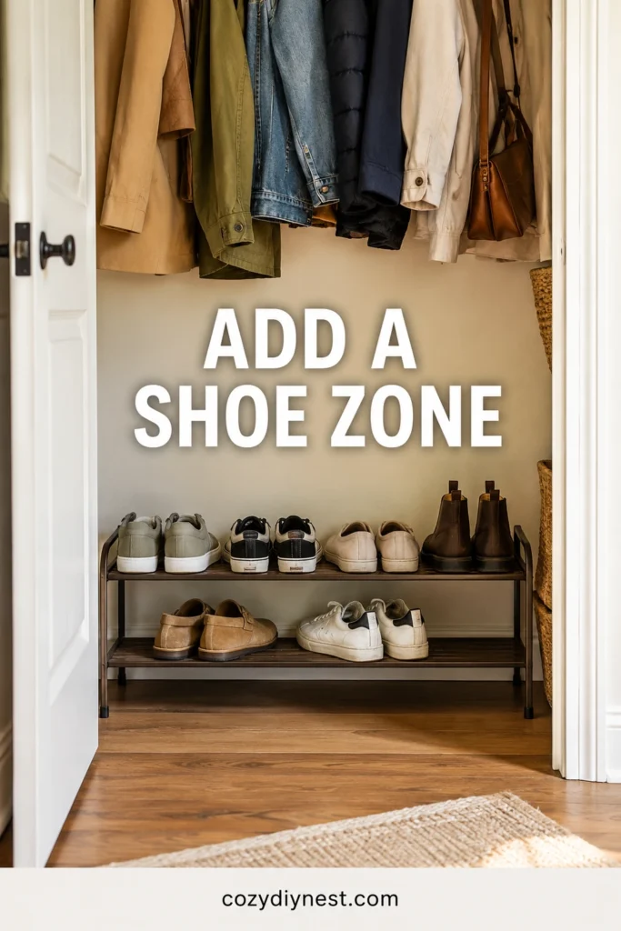 coat closet organization ideas adding a shoe zone with a low rack in a small coat closet