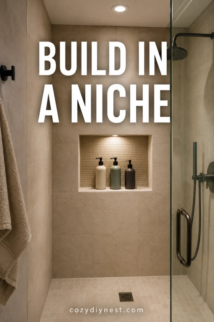 walk in shower ideas with built in shower niche for small bathroom storage