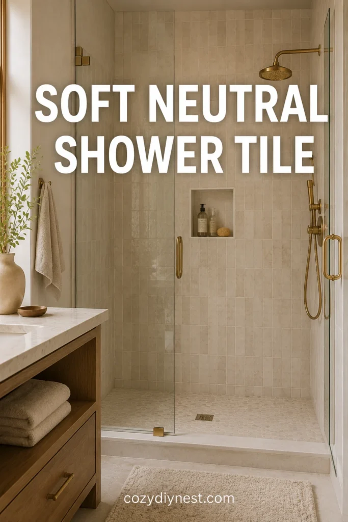 bathroom tile ideas with soft neutral shower tile and warm lighting