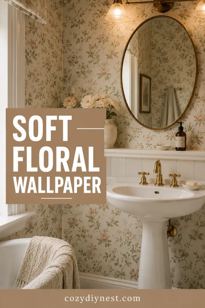 Bathroom Wallpaper Ideas: 18 Stunning Ways to Add Pattern to a Small Bathroom 5 bathroom wallpaper ideas with soft floral wallpaper and a white sink