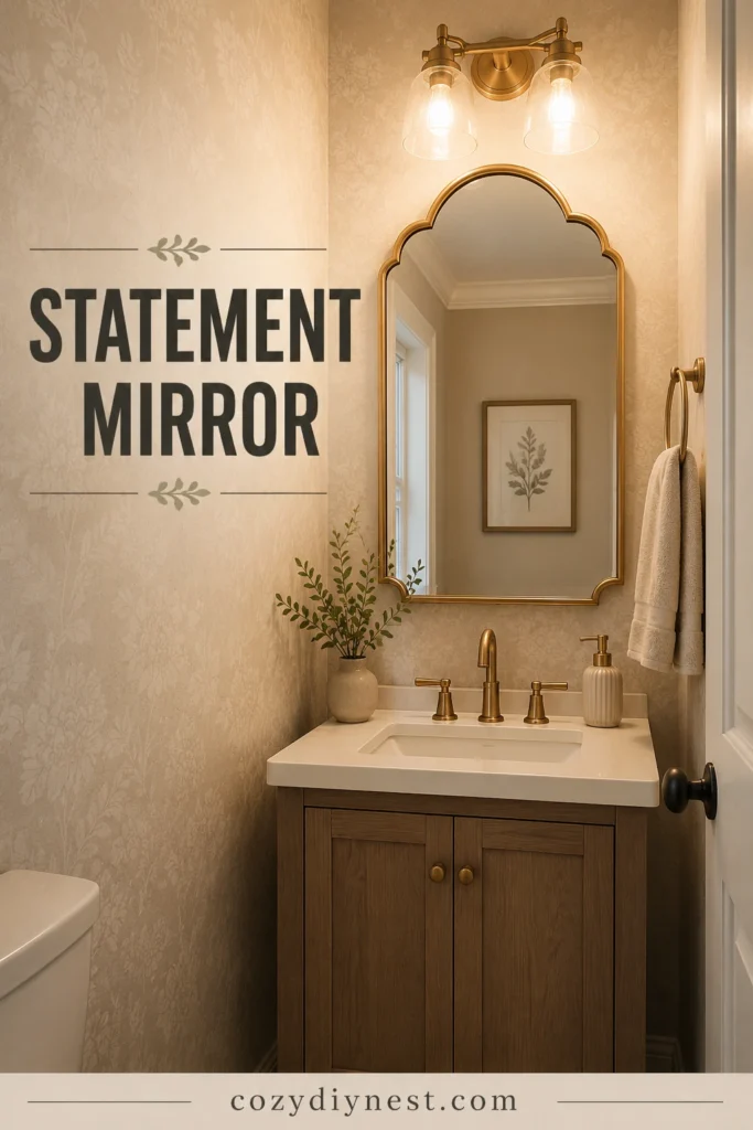 small half bathroom ideas with statement mirror above tiny sink
