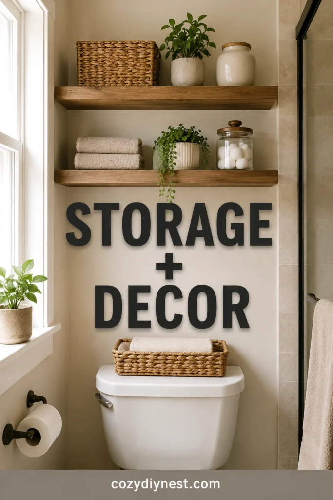 bathroom shelves above toilet styled with baskets towels and simple decor