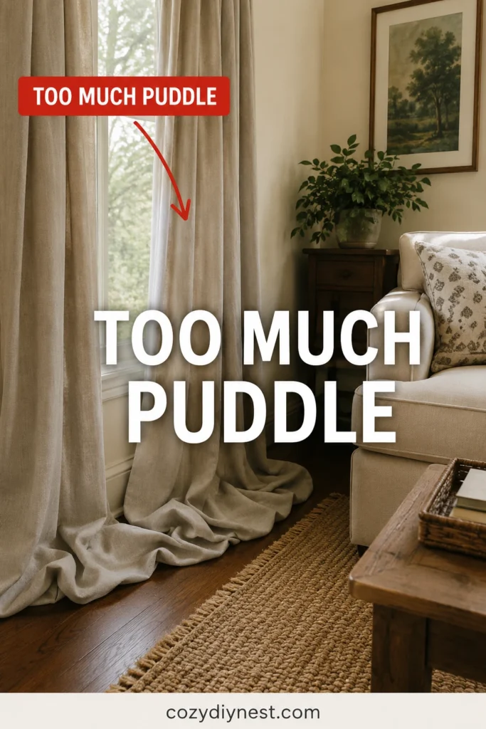curtain hanging mistakes showing too much curtain fabric pooling on the floor in a small room