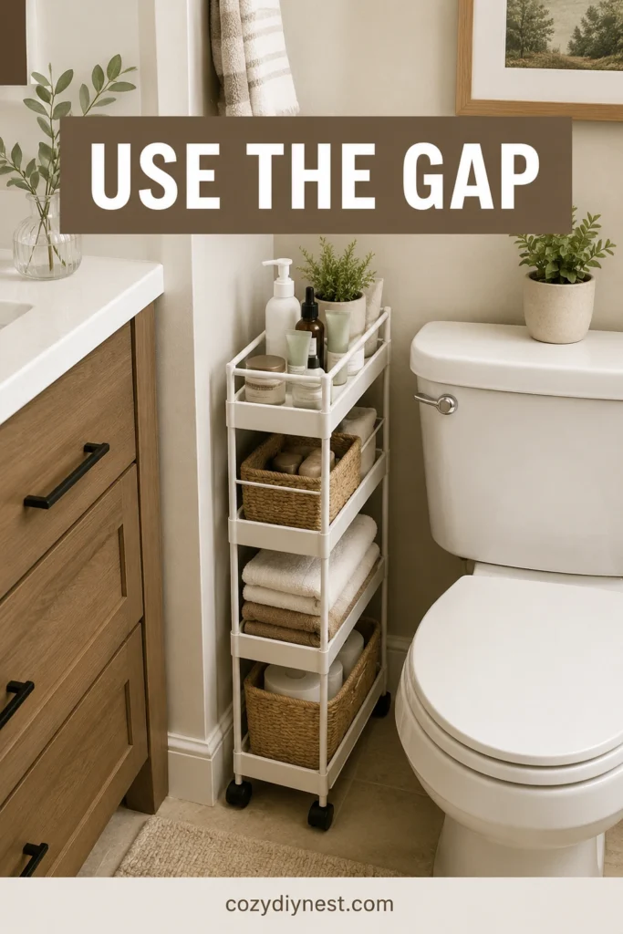 tiny bathroom ideas with slim rolling cart storage