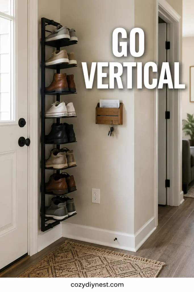 entryway shoe storage ideas using vertical shoe storage to save floor space in a tiny entryway