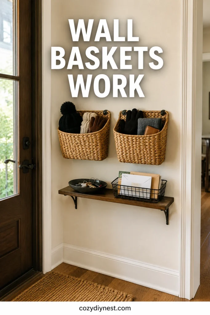 entryway wall storage ideas using wall baskets for small accessories hats gloves and daily clutter