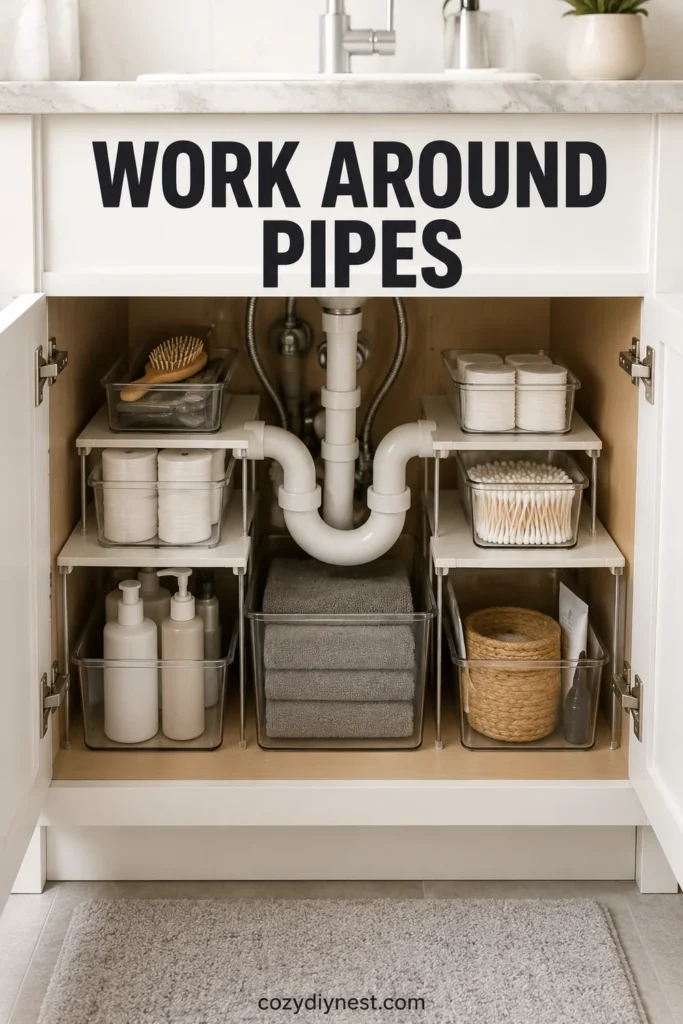 bathroom cabinet organization under sink using pipe-friendly storage around plumbing