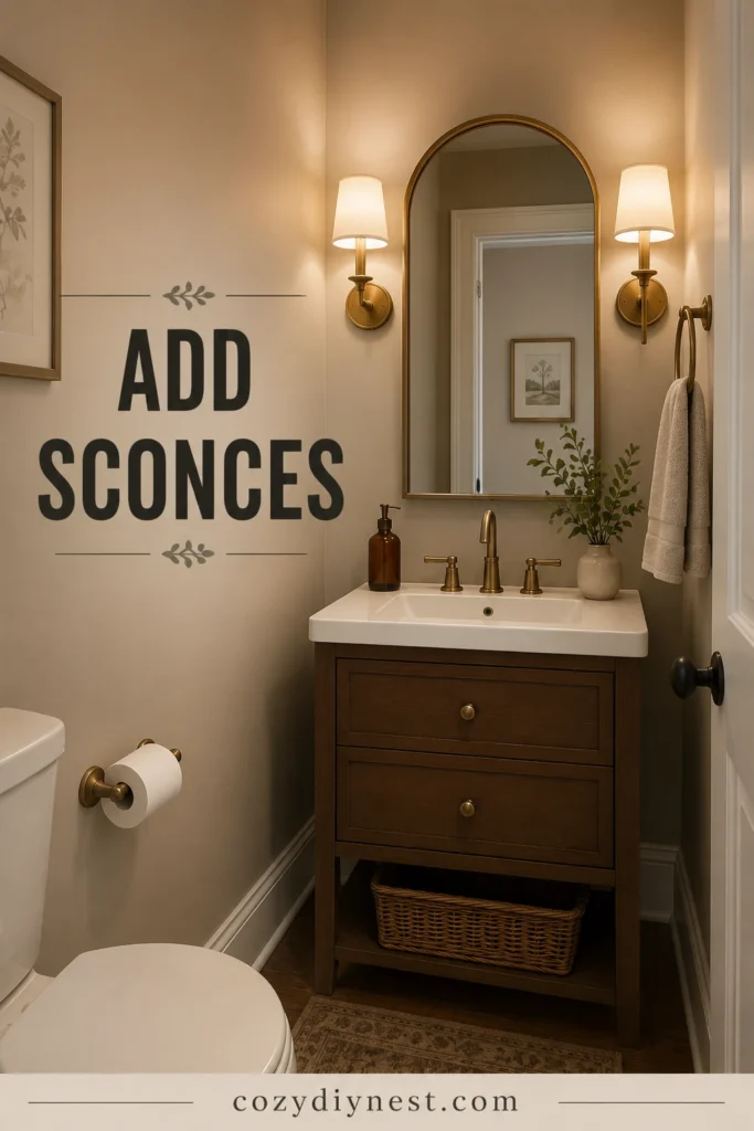 small half bathroom ideas with sconces beside mirror