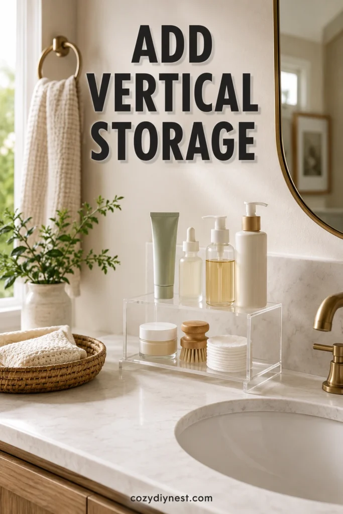 bathroom countertop organization with an acrylic riser for skincare