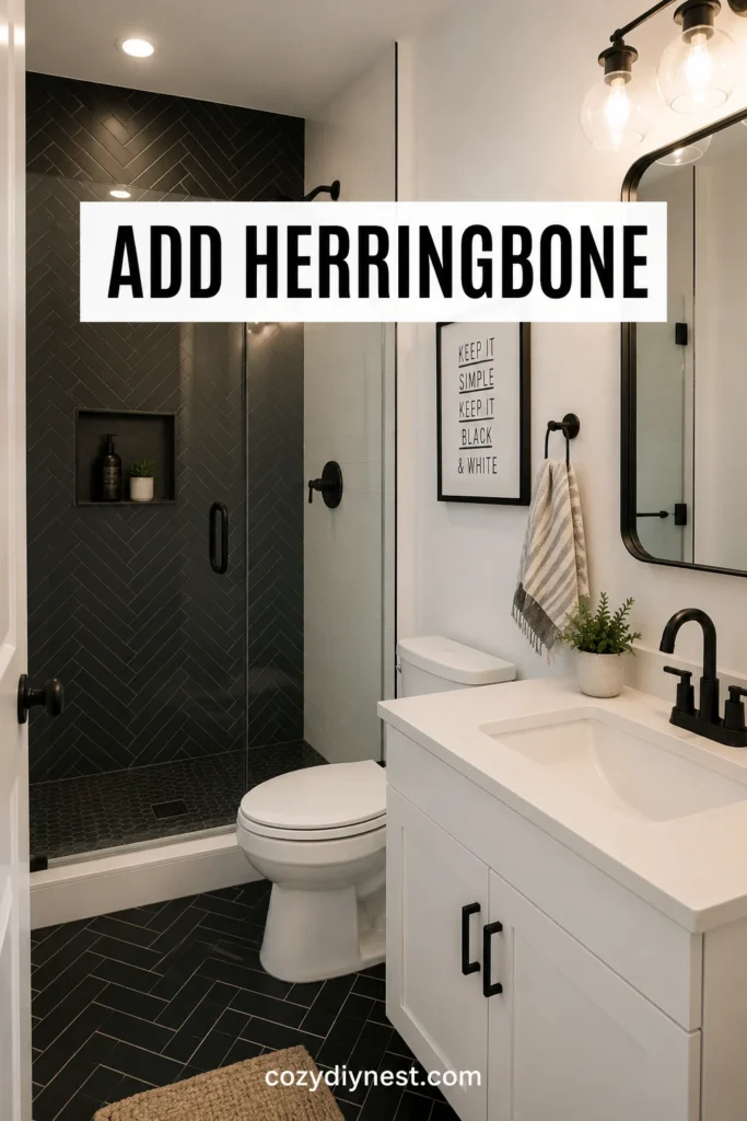 black and white bathroom ideas with black herringbone tile