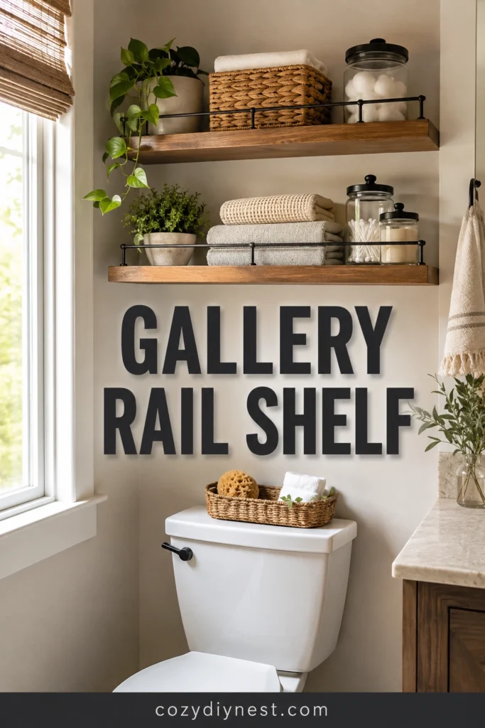 gallery rail shelf above toilet with baskets towels and jars