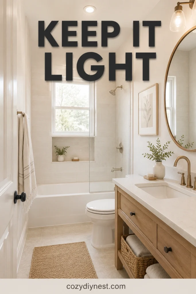 small bathroom remodel ideas with light neutral palette and warm accents