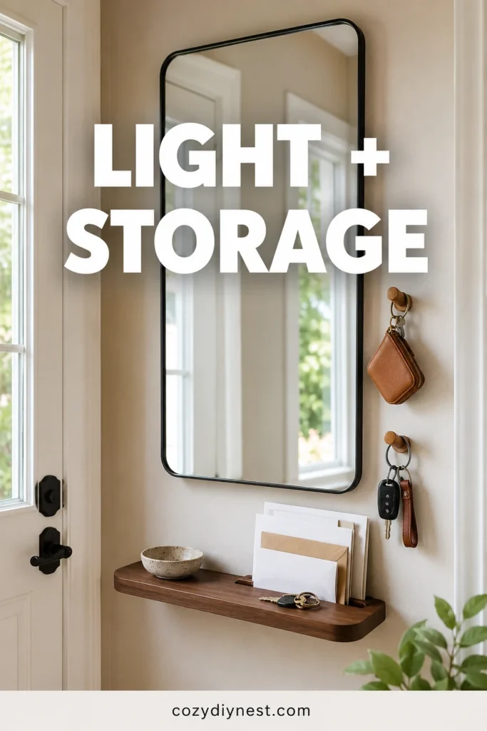 entryway wall storage ideas pairing a mirror with a slim shelf and small wall pegs