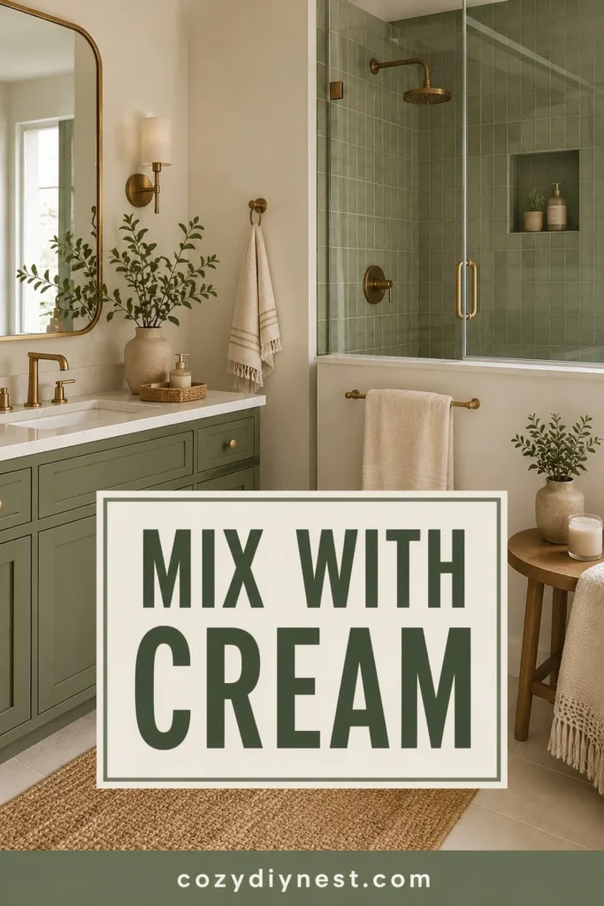 green bathroom ideas using olive green with cream and beige tones