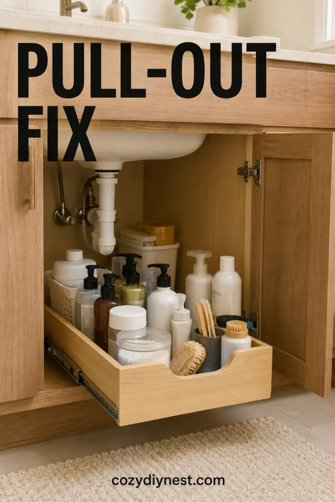 under sink bathroom organization with a sliding pull-out organizer for deep cabinet storage