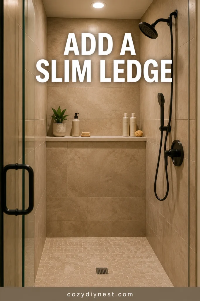 small walk in shower ideas with slim built in ledge for storage