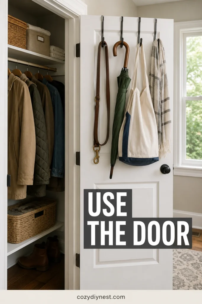 coat closet organization ideas using inside door hooks for leash umbrella reusable bag and scarf