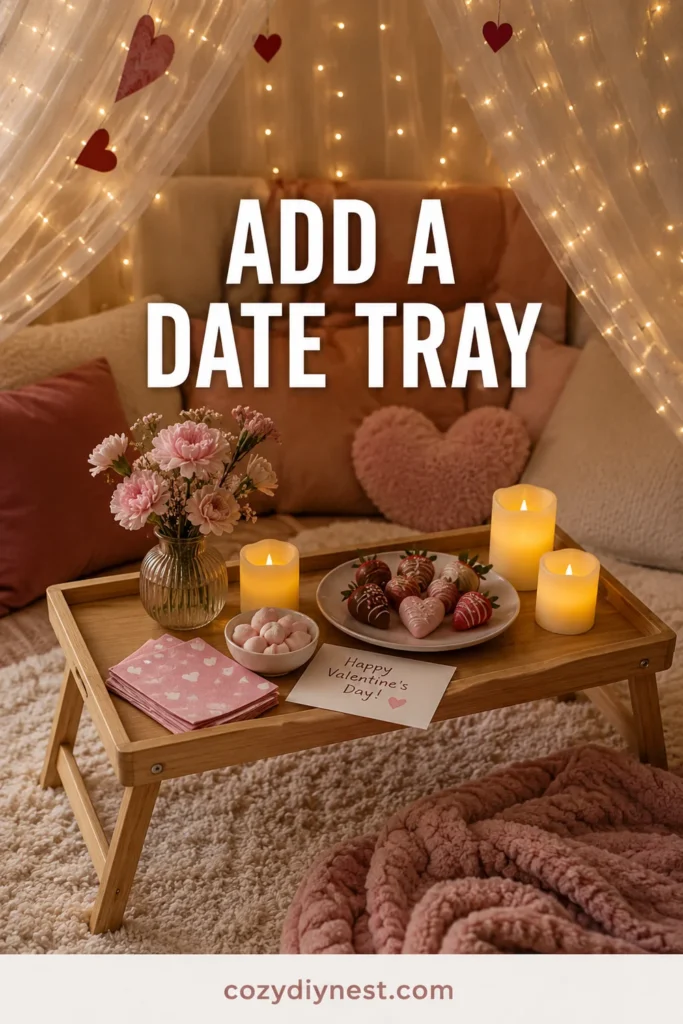 valentine fort ideas with a low tray table holding dessert cards and soft romantic decor