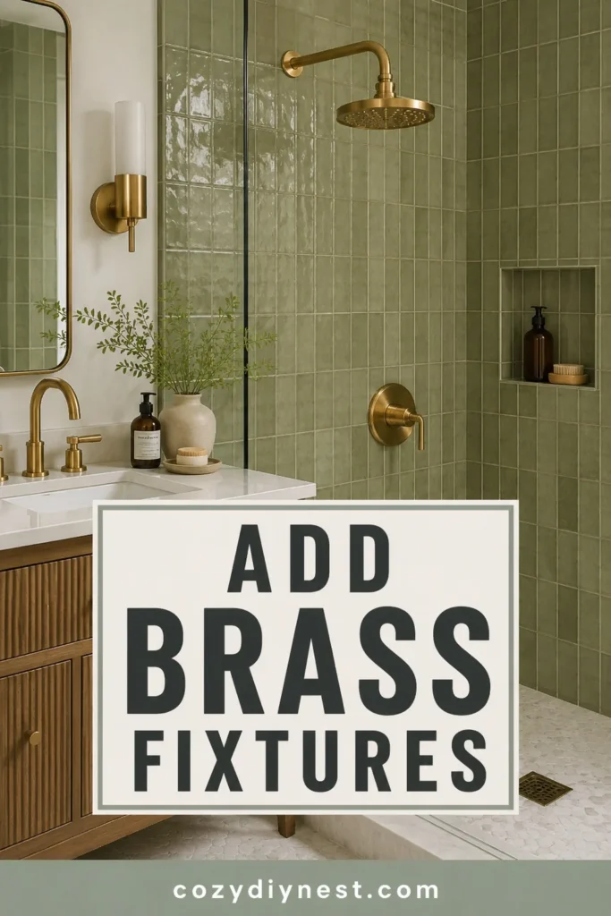 green bathroom ideas with olive green tile and brass fixtures