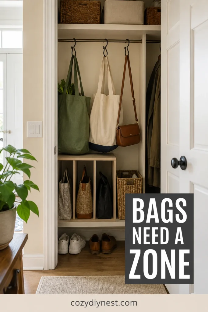 coat closet organization ideas creating a bag zone with hooks or dividers inside an entry closet