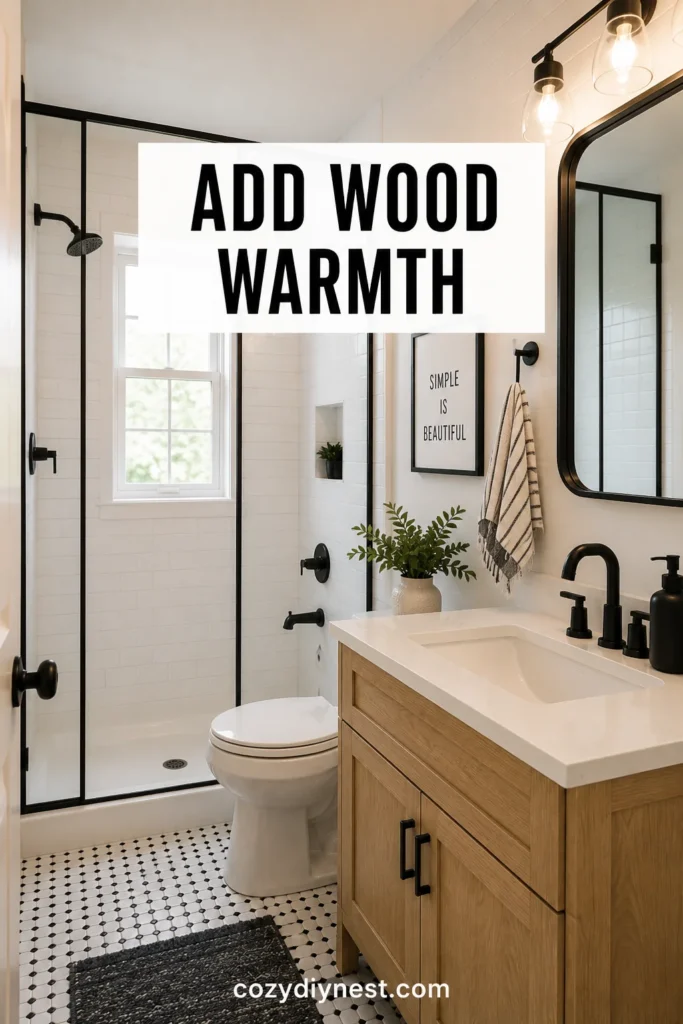 black and white bathroom ideas with wood vanity and black fixtures