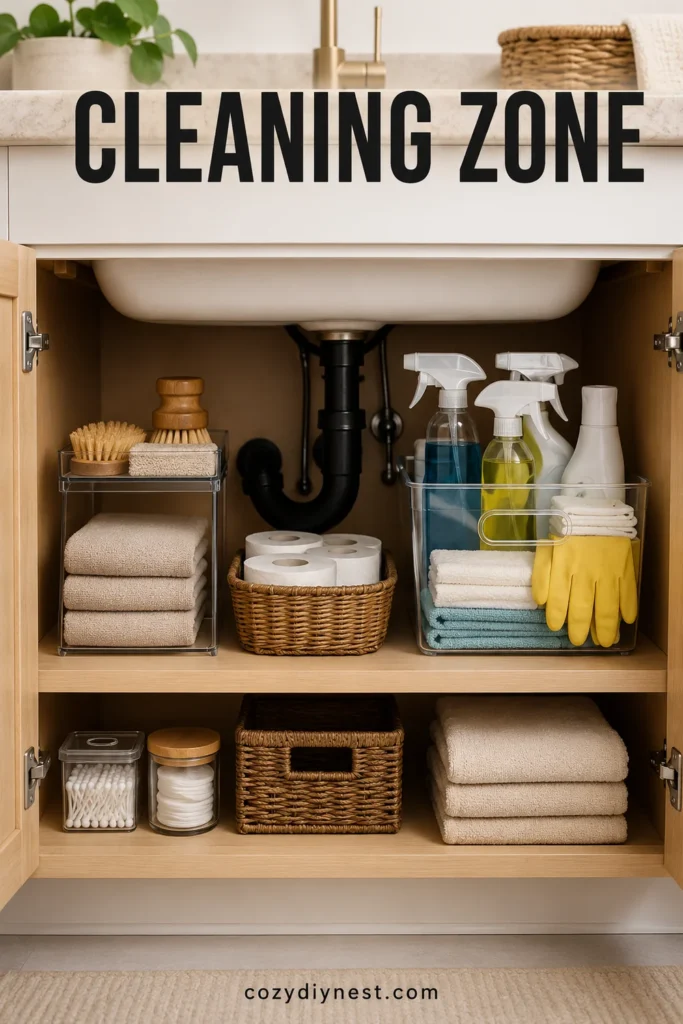 bathroom organization under sink with a dedicated cleaning supplies zone