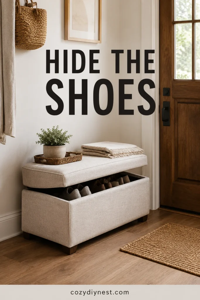 entryway shoe storage ideas using hidden shoe storage inside a lidded bench or ottoman