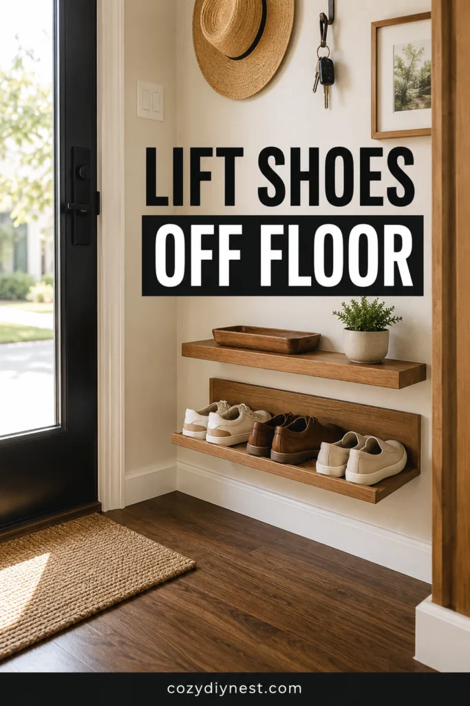 entryway wall storage ideas using a low wall mounted shoe shelf to clear floor space
