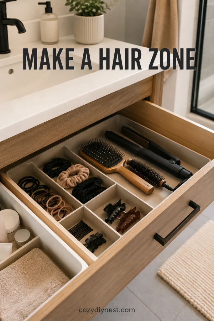 bathroom drawer organization for hair tools and accessories