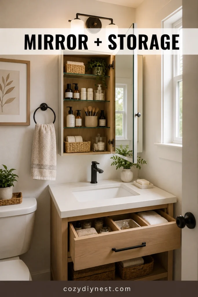 tiny bathroom ideas with mirrored medicine cabinet storage