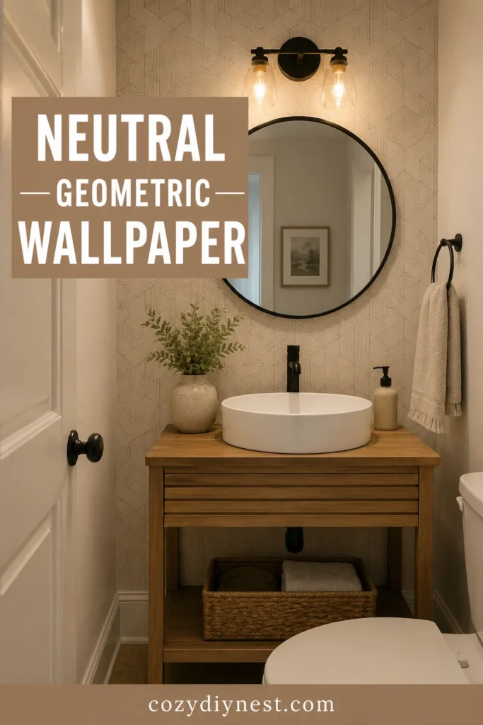 Bathroom Wallpaper Ideas: 18 Stunning Ways to Add Pattern to a Small Bathroom 7 bathroom wallpaper ideas with neutral geometric wallpaper and a round mirror