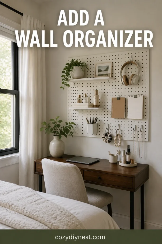 small bedroom storage ideas with a pegboard wall organizer above a desk or vanity