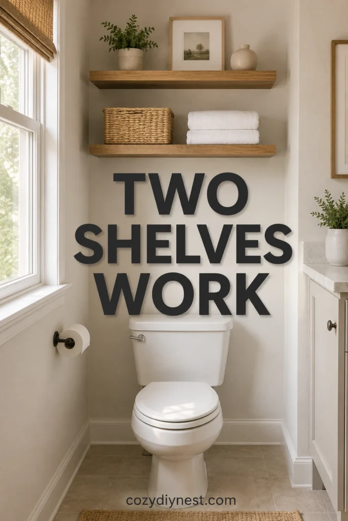 two shelves above toilet in a clean small bathroom