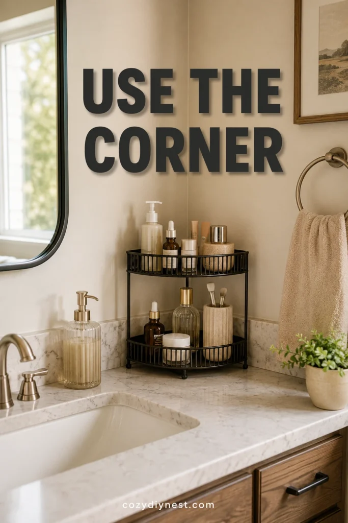 bathroom counter organizer using a two-tier corner storage setup