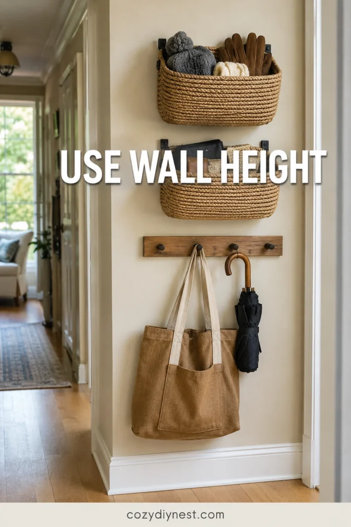 small hallway storage ideas using wall baskets above hooks for accessories bags and leash storage